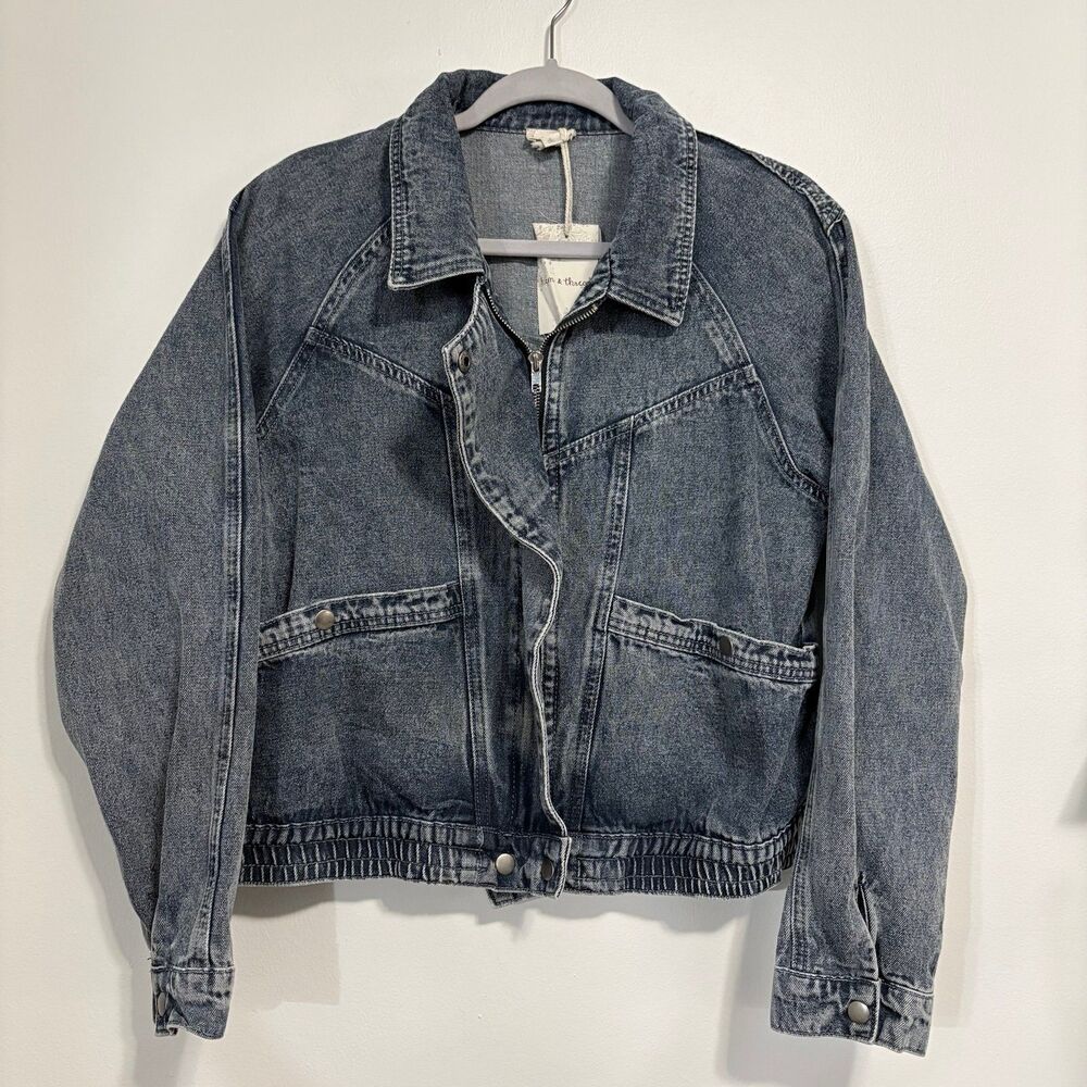 Hem & Thread Jacket Women’s Large Cotton Denim Full Zip Snap Pockets NWT Retro